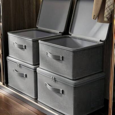 1PC Foldable Storage Bin With Zipper Handle Gray Polyester Linen Square Box With Lid Durable Multi Purpose For Clothes Toys Organizer Home Decor Bedroom Storage