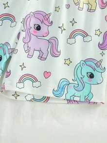 SHEIN GraphicGems Bộ đồ ngủ chống cháy cho bé gái, in hình trái tim, cầu vồng và kỳ lân, áo tay ngắn và quần short, bộ đồ mặc nhà thoải mái. - trắng - Xem 5