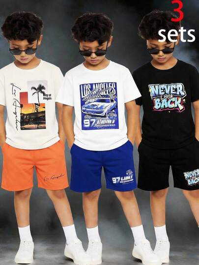 SHEIN Conjunto de 6 piezas de camiseta de manga corta de cuello redondo y pantalones cortos de punto de unicolor, casual y cómodo para niños/preadolescentes, 3 estilos 1 de cada uno, conjunto de 6 piezas