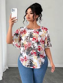 Elenzga Áo sơ mi nữ cỡ lớn in họa tiết cổ tròn tay bèo nhún phong cách thường ngày đi nghỉ mát - Nhiều màu - Xem 1