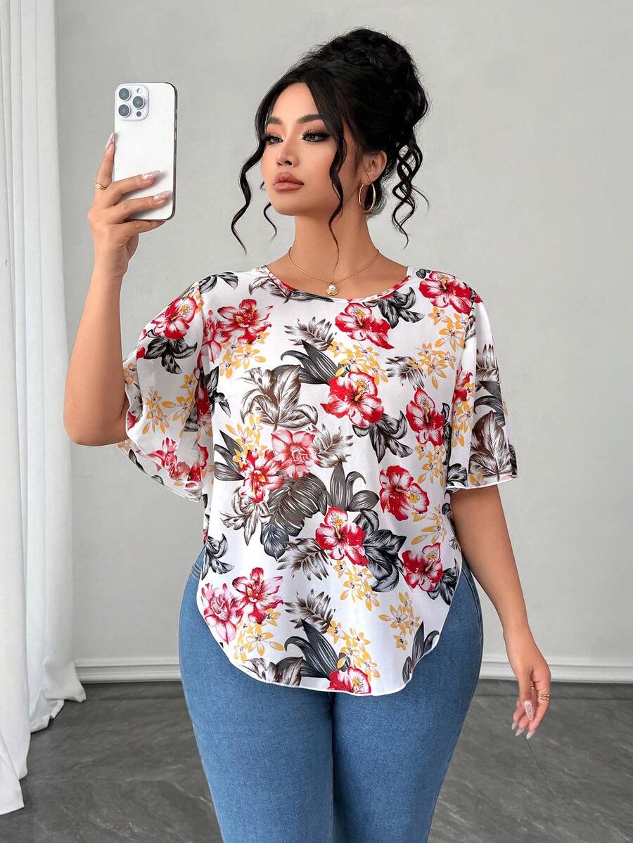 Elenzga Áo sơ mi nữ cỡ lớn in họa tiết cổ tròn tay bèo nhún phong cách thường ngày đi nghỉ mát - Nhiều màu - Xem 1