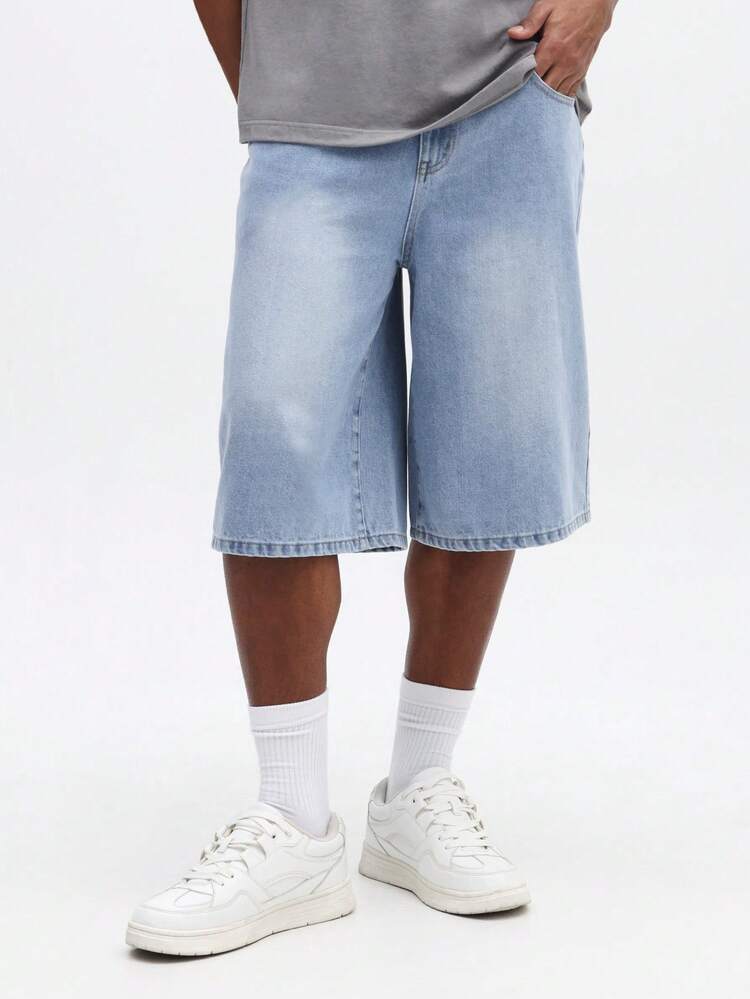 Light Wash Denim Jorts Back Print Text Casual Baggy Wide Leg Below Knee Bermuda Shorts Summer Streetwear