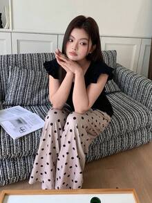Dazy Plus 2pcs Solid Color Fitted Cap Sleeve Top And Polka Dot Long Pants Cute Pajama Set, Spring/Summer - Black - View 4