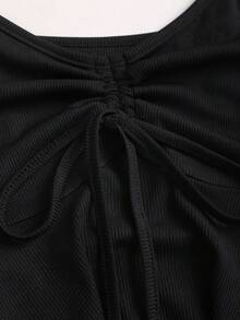 Sweetra Y2K Sexy Cute Avant-Garde Daring Retro Romantic Pure Chic College Vacation Casual Date Street Party Home Street Music Festival V-Neck Drawstring Tie Bow Sleeveless Ruched Black Camisole Top, Spring/Summer/Autumn - Black - View 5