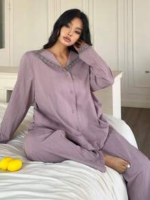 Dazy Plus Casual Textured Fabric Contrast Lace Elegant Long Sleeve Top And Loose Straight Leg Pajama Pants Set, Spring/Autumn - Purple - View 4