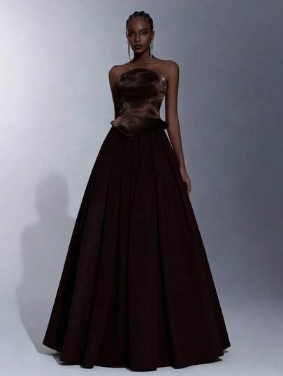 Elitara Elegant Cream Satin Patchwork Pearl Chiffon Bustier Double Collar Handcrafted Rhinestone Boned Waist A-Line Flared Hem Evening Gown, Business Formal Dress, Guest Dress, Formal Dress