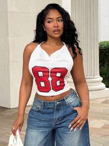 Alexandranx 女式夏季音乐会 Y2K 街头运动休闲透气网眼图案数字白色修身露背短款上衣 - 白色 - 查看 5