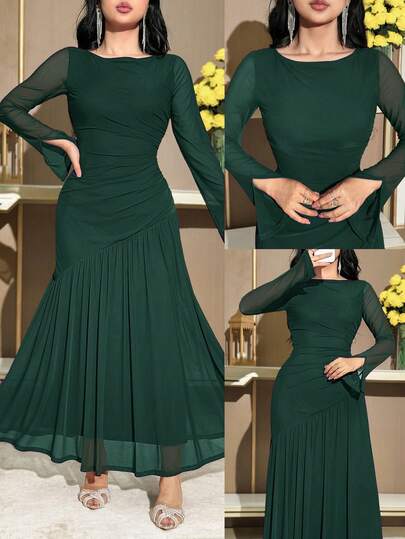 Feyla Vestido Elegante de Manga Longa com Gola Redonda e Pregas em Cor Sólida para Mulheres