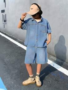 2Pcs Teen Boy Fashion Homecoming Streetwear Mix And Match Versatile Design Vintage Cool Street Loose And Comfortable Simple Blue Denim Shirt Short-Sleeved Top And Loose And Comfortable Denim Shorts For Kids Clothes Teen Boy Dailywear And Kids Spring To Summer Rave Outfits Festival And Outfits Streetwear Clothes - Blue - View 1