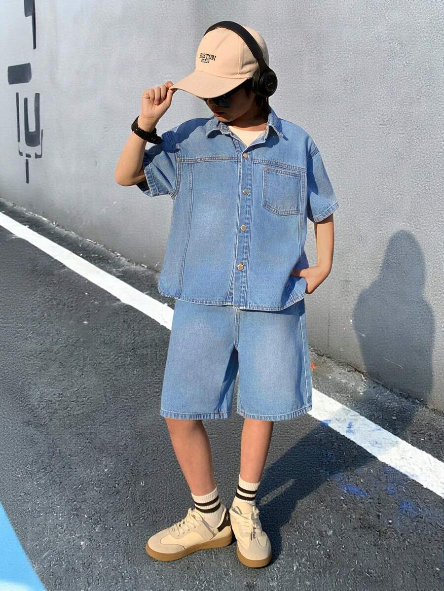 2Pcs Teen Boy Fashion Homecoming Streetwear Mix And Match Versatile Design Vintage Cool Street Loose And Comfortable Simple Blue Denim Shirt Short-Sleeved Top And Loose And Comfortable Denim Shorts For Kids Clothes Teen Boy Dailywear And Kids Spring To Summer Rave Outfits Festival And Outfits Streetwear Clothes - Blue - View 1