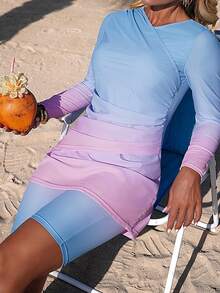 Swim Shayni Women's Ombre Ruched Long Sleeve Top And Shorts Tankini Swimsuit Set, Beach Vacation - Green - View 3