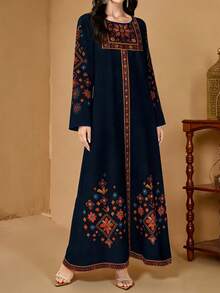 SHEIN Najma Women's Floral & Botanical Print Elegant Round Neck Long Sleeve Spring Arabic Style Dress, Modest Dress, Long Sleeve Dress - Multicolor - View 6