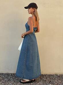 DAZY Women's Sleeveless Waist Gathered A-Line Slit Hem Denim Vacation Dress, Spring & Summer - Blue - View 4