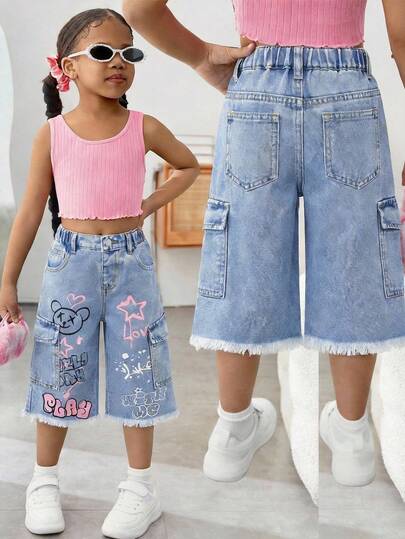 Young Girl' Graffiti Letter Pattern Blue Denim Loose Pants,Summer Outfits,Casual And Fashionable Vacation Outfits,Street Wear,2000s Style ,Comfortable And Soft Denim,Comfortable And Soft Denim Pant,Cute Vacation Print Middle Pants