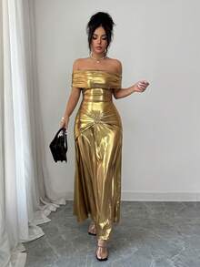 Rafferiza Women's Elegant Off-The-Shoulder, Fitted Waist, Coated Waist With Ruching And Metal Buckle Embellishments, Bodycon Fashion Dress. Other Styles Include Elegant Women's Dresses, Elegant Gowns, Luxurious Dresses, Yellow Dresses, Summer Dresses, Women's Summer Dresses, Spring Dresses, Women's Summer Outfits, Party Outfits, Elegant Women's Party Dresses, Off-The-Shoulder Dresses, Metallic Dresses, Elegant Long Dresses, And Shimmering Dresses.Turkish Abaya, Arab Long Robe Fall Summer For Women - Champagne - View 8