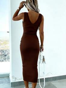 INAWLY 2 件套女士套装：纯色落肩长袖运动衫和无袖连衣裙 - 咖啡棕 - 查看 2