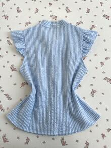 Elamini Áo kiểu nữ mùa hè kẻ sọc, tay ngắn, không cài cúc, viền bèo nhún và nơ, kiểu dáng thường ngày. - Xanh và trắng - Xem 2