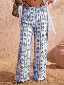 Swim Vcay 女士沙滩度假条纹贝壳和海星印花罩衫上衣和裤子套装 - 藍色 - 查看 6