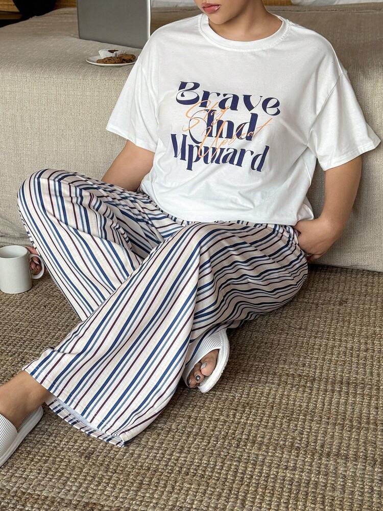 Dazy Plus Plus Size Women Casual Letter Print Loose Long Sleeve Top And Plaid Straight Leg Pants Pajama Set, Spring/Summer/Autumn