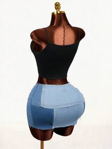 Mistrie Women's Frayed Hem Casual Denim Pencil Skirt - Blue - View 2