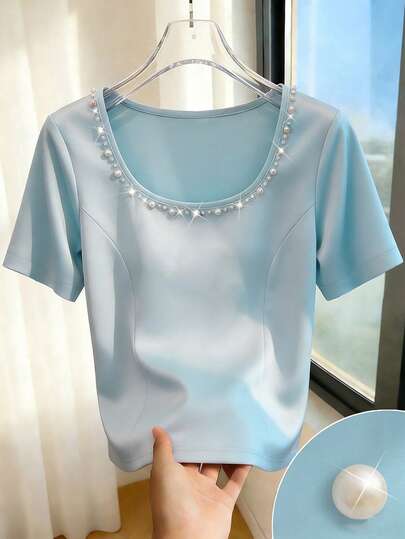 GlowEve Women's Summer Round Neck Sleeveless Fitted Waist Split Hem Beaded Luxurious Knit Shiny Casual Elegant Versatile Blue T-Shirt