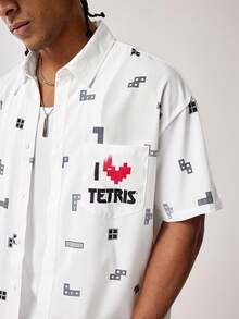 Tetris™ X SHEIN Men's Geometric Pattern Short Sleeve Single-Breasted Casual Pocket Shirt, - White - View 5