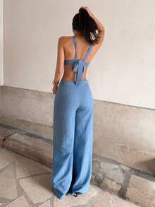 StreetHx Women's Y2K Style Striped Camisole 2 Pieces Set, Casual Streetwear, Spring/Autumn - Light Wash - View 2