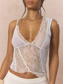 MUSERA V Plunge Sheer Lace Asymmetric Hem Cami Top Cute Spring Holiday Girly Sugar Salt - White - View 2
