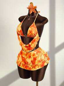 Zestiva 3pcs Women's Swimwear Set, Tie-Dye Print, Front Metal Ring Halter Top, Matching Ruffle Skirt, Summer - Orange - View 4