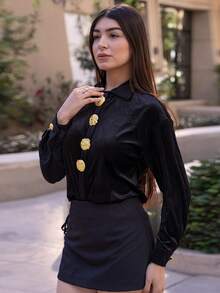 Andrea Bello 优雅天鹅绒金色纽扣女式衬衫 - 黑色 - 查看 6