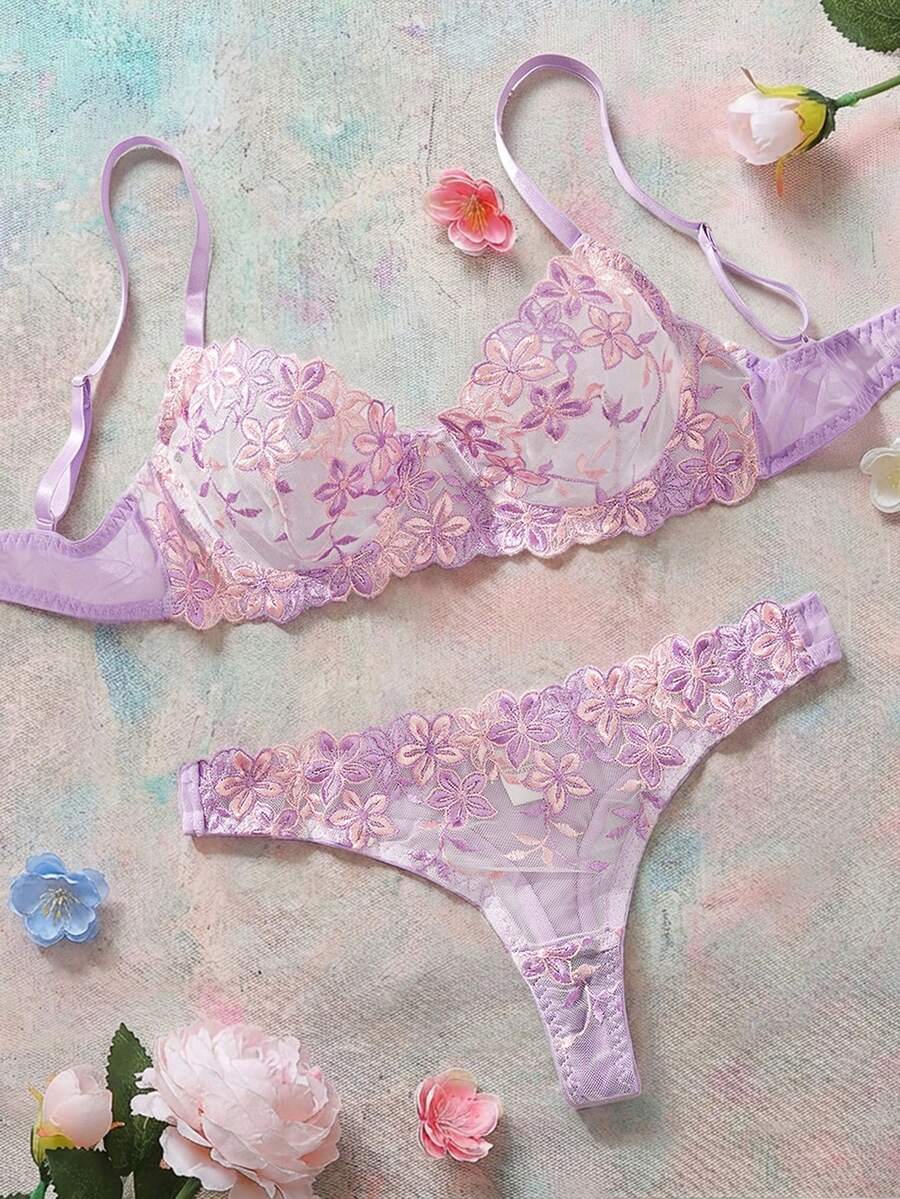 2 件套浪漫紫色钢圈女士文胸和内裤套装，性感内衣 - 紫色 - 查看 1