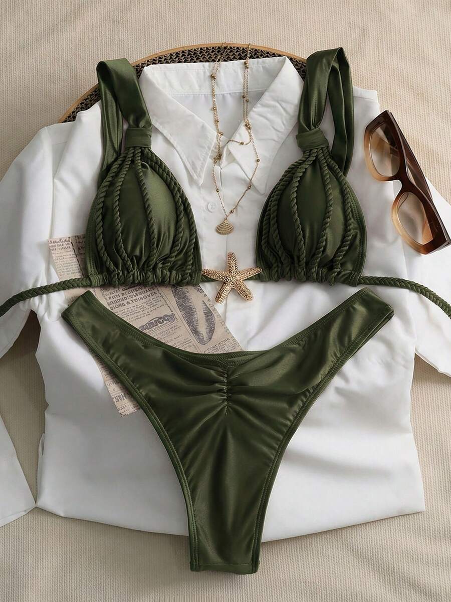 Swim Chiccia 女士两件套浪漫复古性感优雅沙滩装，采用粗肩带、褶皱设计，咖啡棕色系，女士比基尼泳装度假套装，女士比基尼泳衣套装，女士沙滩装，女士泳装比基尼套装，女士度假套装，女士泳衣套装，女士比基尼套装，女士泳装，女士沙滩装，女士比基尼套装，女士比基尼套装（含罩衫） - 軍綠色 - 查看 1