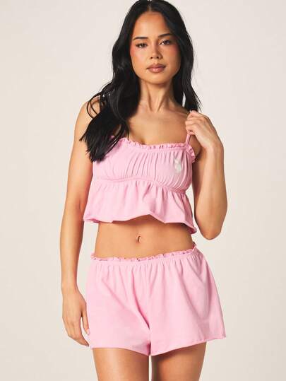 Missguided x Playboy Pink Ruffle Detail Camisole Pajama Set With Elastic Waist Shorts Summer Sleepwear Loungewear Two Piece Nightwear
