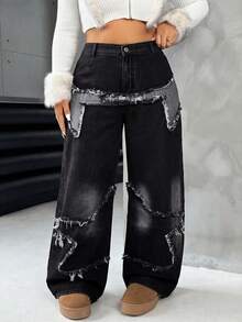 SHEIN PETITE CURVE 大码女式Y2K高腰阔腿牛仔裤，黑色做旧拼接毛边宽松牛仔裤，带口袋，完美搭配街头风和颓废风造型。大码休闲水洗毛边星形印花阔腿黑色牛仔裤。 - 黑色 - 查看 4
