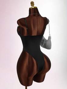 SHEIN PETITE CURVE Plus Size Solid Color Spaghetti Strap Sleeveless Bodysuit With Boning, Fitted & Sexy - Black - View 5