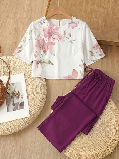 Rusticease Conjunto informal de 2 piezas con top con estampado floral y pantalones de pierna ancha con cordón en la cintura, adecuado para primavera, verano y otoño