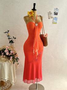 Soleia 女士度假针织网纱渐变色浪漫修身露背系带金属扣装饰鱼尾连衣裙，适合派对、约会、下午茶等场合，性感优雅 - 彩色 - 查看 5