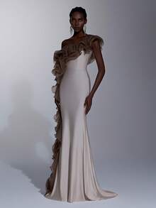 Elitara Vestido elegante de malha com decote assimétrico, modelagem em espinha de peixe e barra com babados em camadas, ideal para festivais, casamentos, galas, concertos, eventos corporativos e outras ocasiões formais. - Multicolorido - Ver 6