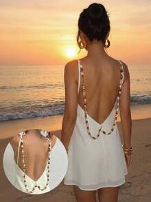 Aloruh Women's Backless Beaded Decor Mini Dress, Vacation - Apricot - View 8