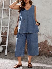 EMERY ROSE EMERY ROSE Ensemble 2 pièces top sans manches et jean large pour grandes tailles - Bleu azur - Voir 6