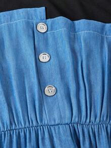 Teen Girls Knit Crew Neck T-Shirt With Denim Effect Woven Patchwork Dress - Multicolor - View 7