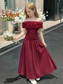 SHEIN Đầm ngắn tay trễ vai thanh lịch, thời trang dành cho bé gái tuổi teen - Màu Đỏ Sâu - Xem 5