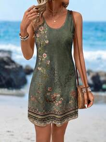 Sylviya 女士休闲复古花卉印花圆领连衣裙，适合春夏季 - 綠色 - 查看 5