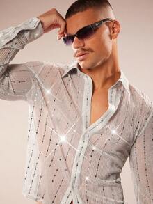 FeverCity Men's Sequin Embellished Long Sleeve Casual Shirt - Silver - View 2