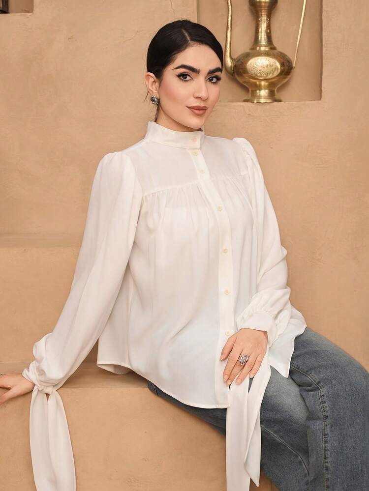 Women's Casual Solid Color Tie-Up Pleated Blouse, Spring/Summer