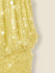 SHEIN ICON 闪亮亮片高领露背褶皱紧身迷你连衣裙 - 淡黃色 - 查看 6