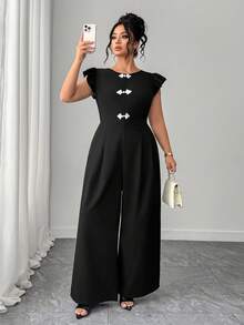 Elenzga Plus Size Women's Elegant Casual Minimalist Round Neck Cap Sleeve Contrast Color Button Waist Long Jumpsuit, Black - Black - View 5