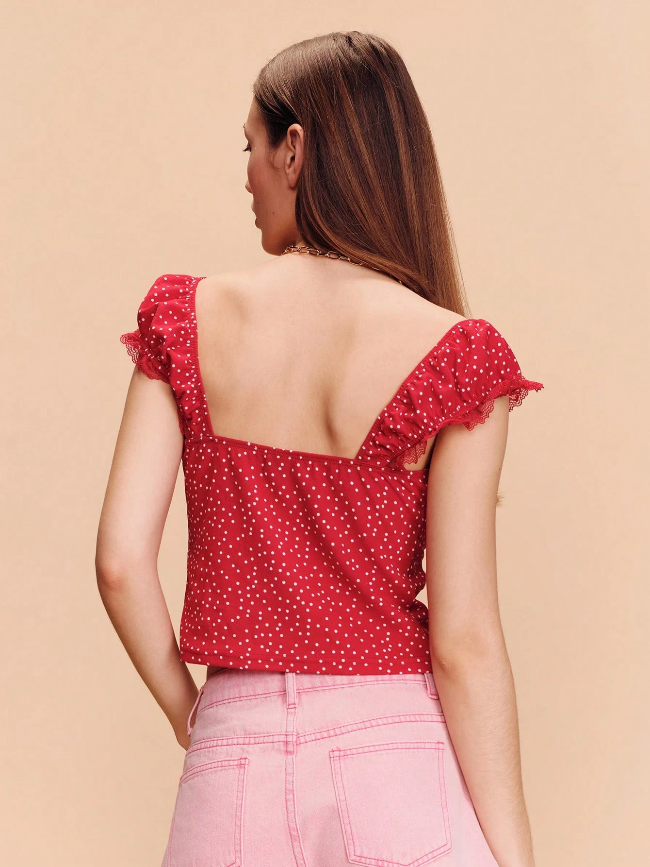 Red Polka-Dot Knit Crop Top With A Sweetheart Neckline And Lace Details Cute Spring Summer Vacation Top French Style Parisian Style