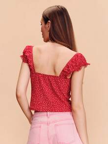 lacRébo Áo croptop dệt kim chấm bi đỏ với cổ áo hình trái tim và chi tiết ren, kiểu dáng dễ thương mùa xuân hè, phong cách Pháp, Paris. - Đỏ - Xem 2