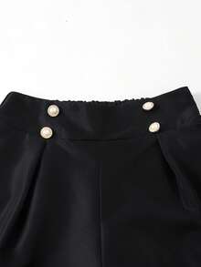 Pantalones anchos y sueltos con pliegues, decoración de botones de perlas falsas y unicolor minimalista para uso diario y casual de niñas preadolescentes - Negro - Ver 3